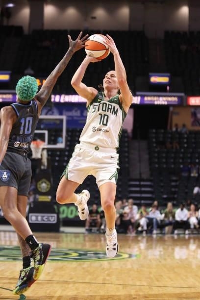 Sue Bird of the Seattle Storm shoots the ball against the Atlanta Dream on July 2, 2021 at the Angel of the Winds Arena, in Everett, Washington. NOTE...