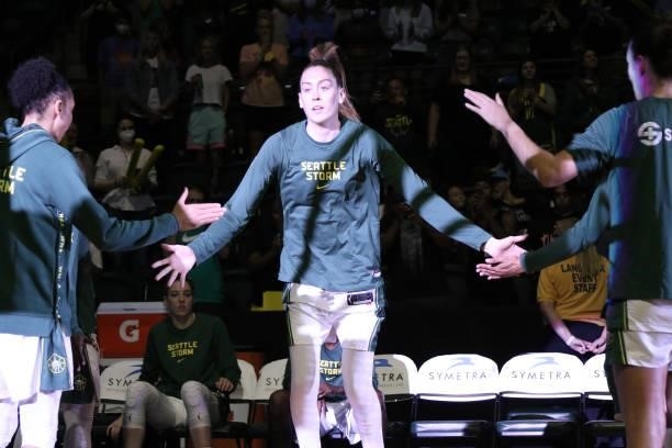 Breanna Stewart of the Seattle Storm is introduced before the game against the Atlanta Dream on July 2, 2021 at the Angel of the Winds Arena, in...