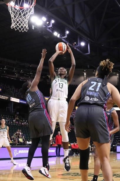 Ezi Magbegor of the Seattle Storm shoots the ball against the Atlanta Dream on July 2, 2021 at the Angel of the Winds Arena, in Everett, Washington....