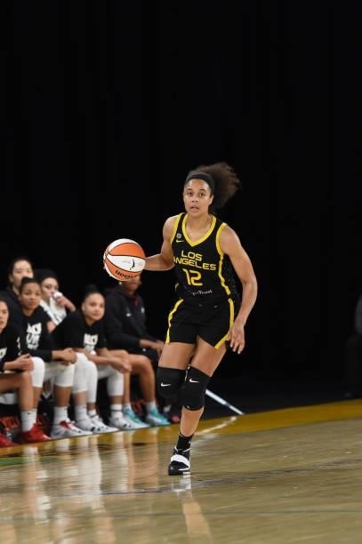 Nia Coffey of the Los Angeles Sparks dribbles during the game against the Las Vegas Aces on July 2, 2021 at Los Angeles Convention Center in Los...
