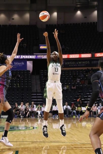Ezi Magbegor of the Seattle Storm shoots a 3-pointer during the game against the Atlanta Dream on July 2, 2021 at the Angel of the Winds Arena, in...
