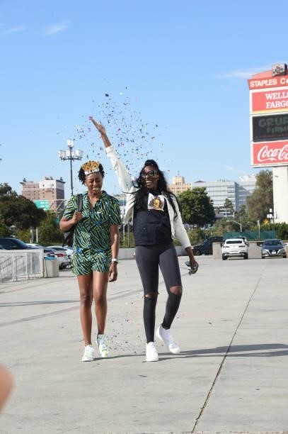 Nneka Ogwumike of the Los Angeles Sparks and Chiney Ogwumike of the Los Angeles Sparks arrive to the arena before the game against the Las Vegas Aces...