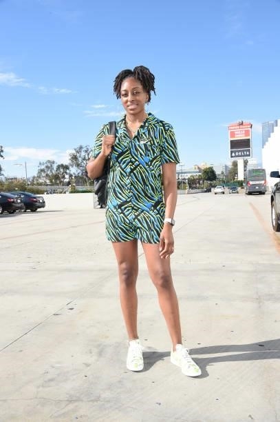 Nneka Ogwumike of the Los Angeles Sparks arrives to the arena before the game against the Las Vegas Aces on July 2, 2021 at Los Angeles Convention...