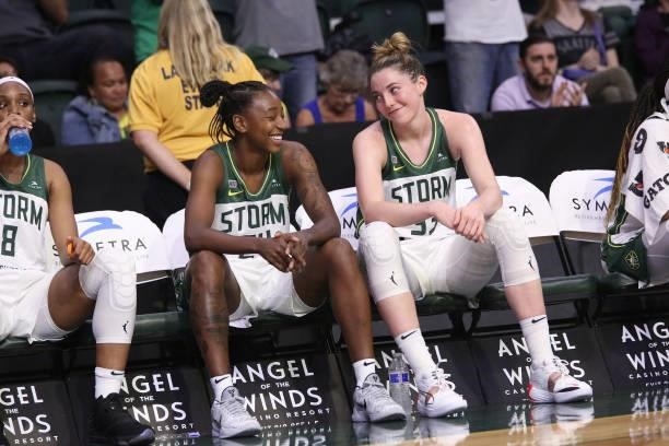 Jewell Loyd and Katie Lou Samuelson of the Seattle Storm smile during the game against the Atlanta Dream and on July 2, 2021 at the Angel of the...