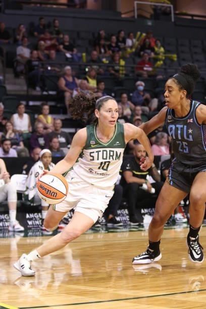 Sue Bird of the Seattle Storm drives to the basket against the Atlanta Dream on July 2, 2021 at the Angel of the Winds Arena, in Everett, Washington....