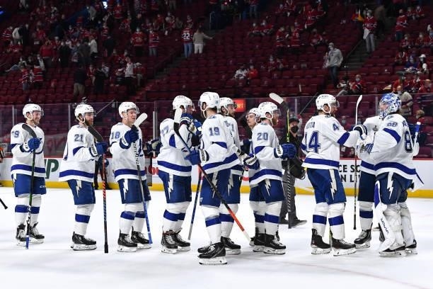 Tampa Bay Lightning players celebrate after defeating the Montreal Canadiens in Game Three of the Stanley Cup Final of the 2021 Stanley Cup Playoffs...