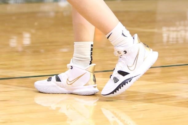 The sneakers worn by Sue Bird of the Seattle Storm during the game against the Atlanta Dream on July 2, 2021 at the Angel of the Winds Arena, in...