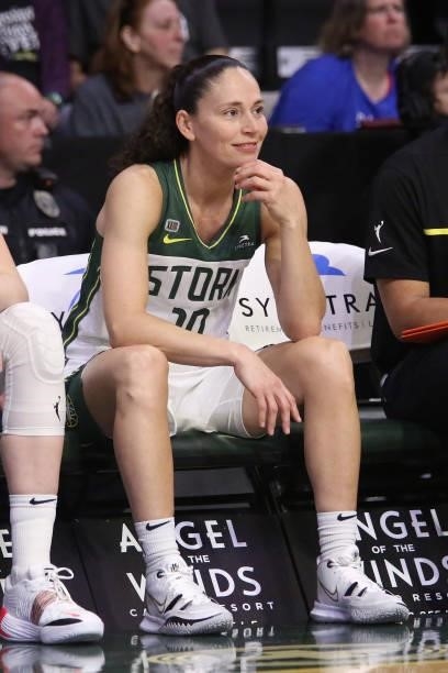 Sue Bird of the Seattle Storm smiles during the game against the Atlanta Dream on July 2, 2021 at the Angel of the Winds Arena, in Everett,...