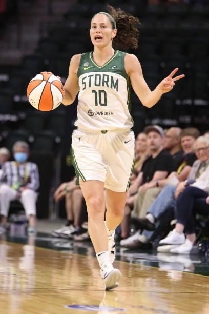 Sue Bird of the Seattle Storm handles the ball against the Atlanta Dream on July 2, 2021 at the Angel of the Winds Arena, in Everett, Washington....