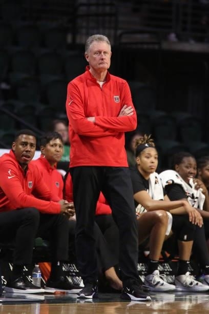 Head Coach, Mike Petersen of the Atlanta Dream looks on during the game against the Seattle Storm July 2, 2021 at the Angel of the Winds Arena, in...
