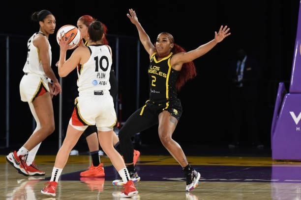 Te'a Cooper of the Los Angeles Sparks plays defense against the Las Vegas Aces on July 2, 2021 at Los Angeles Convention Center in Los Angeles,...