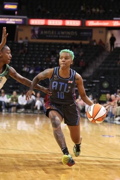 Courtney Williams of the Atlanta Dream drives to the basket against the Seattle Storm on July 2, 2021 at the Angel of the Winds Arena, in Everett,...