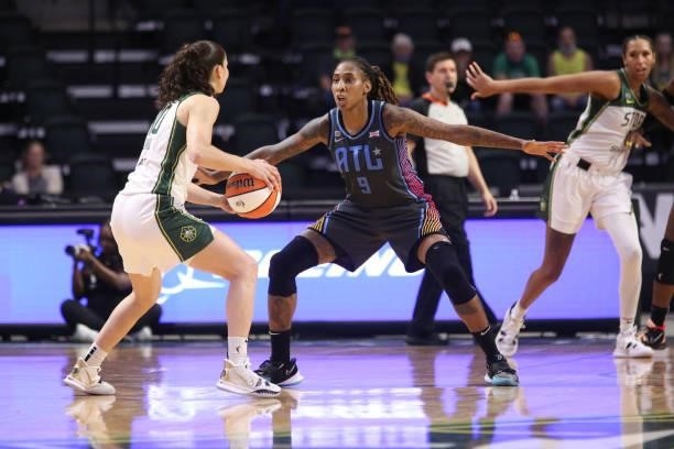Crystal Bradford of the Atlanta Dream plays defense against the Seattle Storm on July 2, 2021 at the Angel of the Winds Arena, in Everett,...
