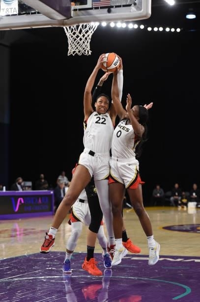 Ja Wilson of the Las Vegas Aces rebounds during the game against the Los Angeles Sparks on July 2, 2021 at Los Angeles Convention Center in Los...