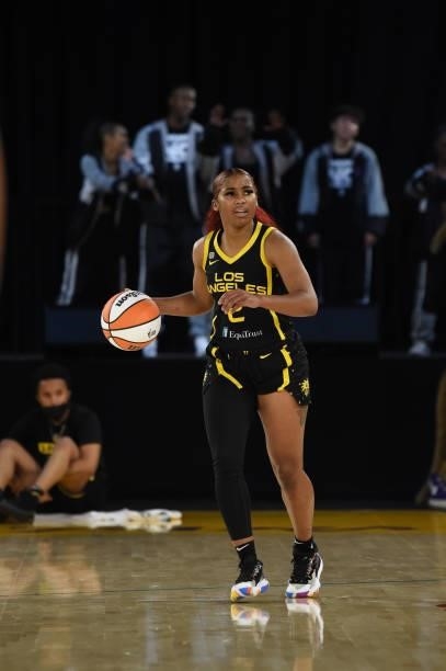 Te'a Cooper of the Los Angeles Sparks dribbles during the game against the Las Vegas Aces on July 2, 2021 at Los Angeles Convention Center in Los...