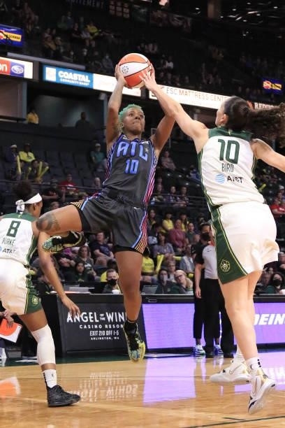 Courtney Williams of the Atlanta Dream shoots the ball against the Seattle Storm on July 2, 2021 at the Angel of the Winds Arena, in Everett,...