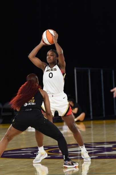 Jackie Young of the Las Vegas Aces looks to pass against the Los Angeles Sparks on July 2, 2021 at Los Angeles Convention Center in Los Angeles,...