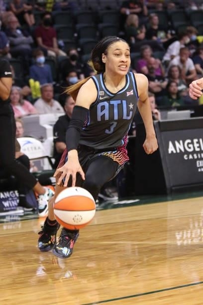 Chennedy Carter of the Atlanta Dream drives to the basket against the Seattle Storm on July 2, 2021 at the Angel of the Winds Arena, in Everett,...