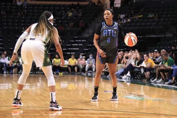 Odyssey Sims of the Atlanta Dream handles the ball against the Seattle Storm on July 2, 2021 at the Angel of the Winds Arena, in Everett, Washington....