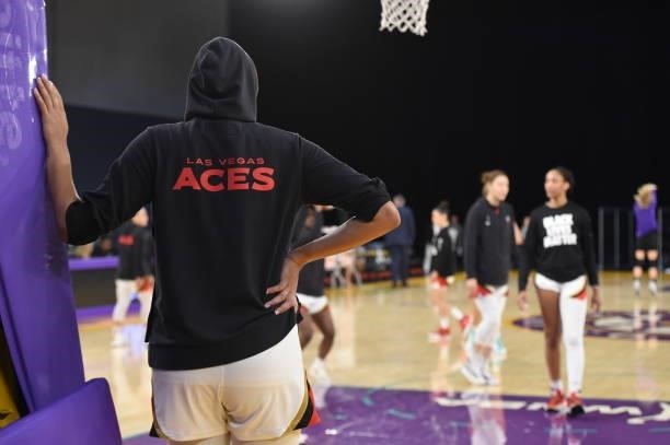 Liz Cambage of the Las Vegas Aces looks on before the game against the Los Angeles Sparks on July 2, 2021 at Los Angeles Convention Center in Los...
