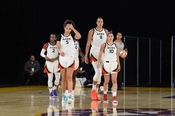 The Las Vegas Aces walk on during the game against the Los Angeles Sparks on July 2, 2021 at Los Angeles Convention Center in Los Angeles,...
