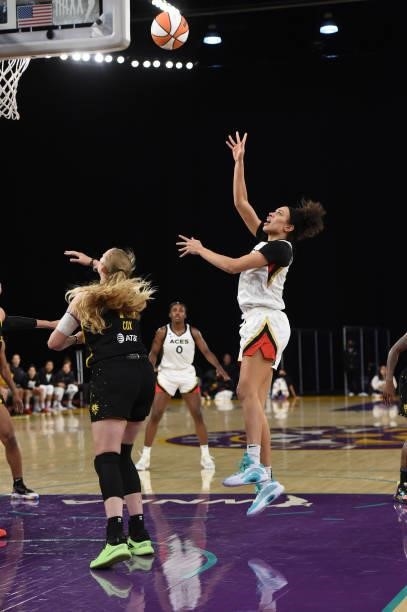 Dearica Hamby of the Las Vegas Aces shoots the ball against the Los Angeles Sparks on July 2, 2021 at Los Angeles Convention Center in Los Angeles,...