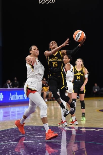 Brittney Sykes of the Los Angeles Sparks drives to the basket against the Las Vegas Aces on July 2, 2021 at Los Angeles Convention Center in Los...