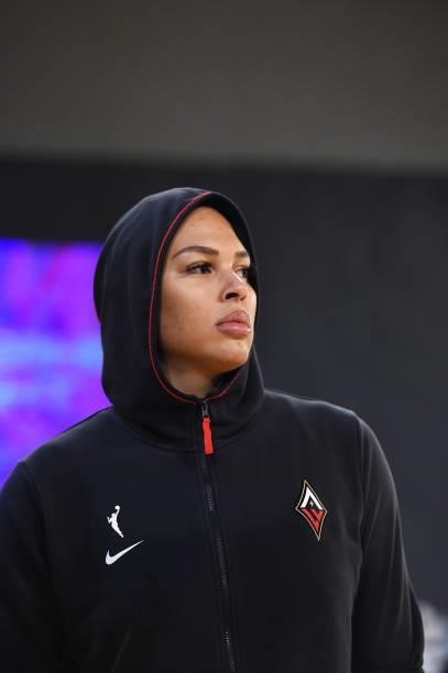Liz Cambage of the Las Vegas Aces looks on before the game against the Los Angeles Sparks on July 2, 2021 at Los Angeles Convention Center in Los...