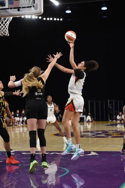 Dearica Hamby of the Las Vegas Aces shoots the ball against the Los Angeles Sparks on July 2, 2021 at Los Angeles Convention Center in Los Angeles,...