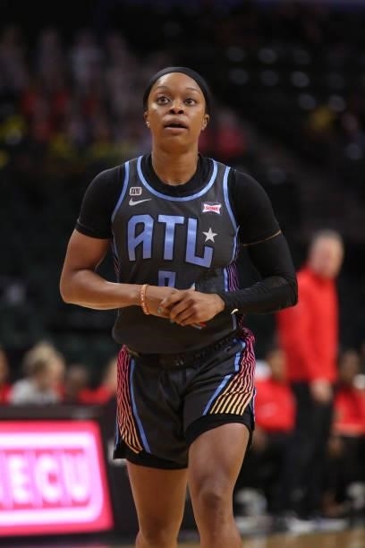 Odyssey Sims of the Atlanta Dream looks on during the game against the Seattle Storm on July 2, 2021 at the Angel of the Winds Arena, in Everett,...