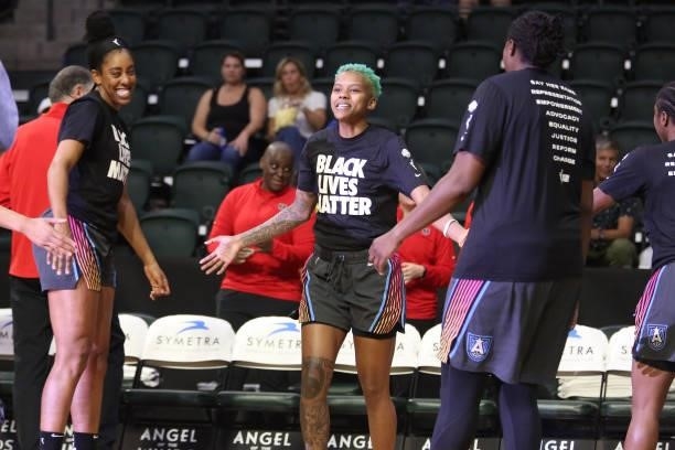 Courtney Williams of the Atlanta Dream gets introduced before the game against the Atlanta Dream on July 2, 2021 at the Angel of the Winds Arena, in...