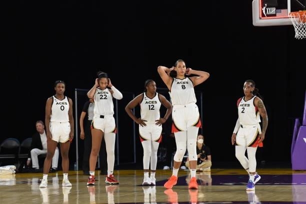 The Las Vegas Aces looks on during the game against the Los Angeles Sparks on July 2, 2021 at Los Angeles Convention Center in Los Angeles,...