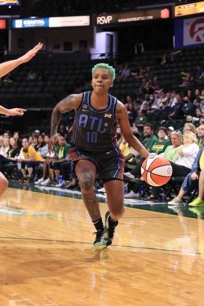 Courtney Williams of the Atlanta Dream drives to the basket against the Seattle Storm on July 2, 2021 at the Angel of the Winds Arena, in Everett,...