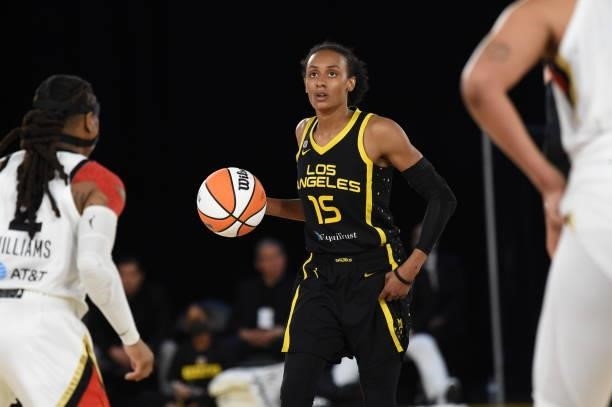 Brittney Sykes of the Los Angeles Sparks dribbles during the game against the Las Vegas Aces on July 2, 2021 at Los Angeles Convention Center in Los...
