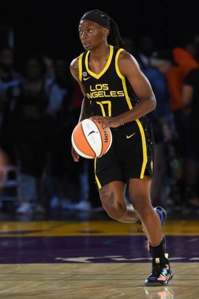 Erica Wheeler of the Los Angeles Sparks dribbles during the game against the Las Vegas Aces on July 2, 2021 at Los Angeles Convention Center in Los...