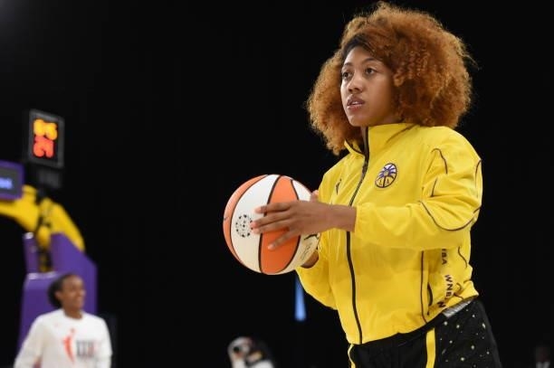 Arella Guirantes of the Los Angeles Sparks warms up before the game against the Las Vegas Aces on July 2, 2021 at Los Angeles Convention Center in...