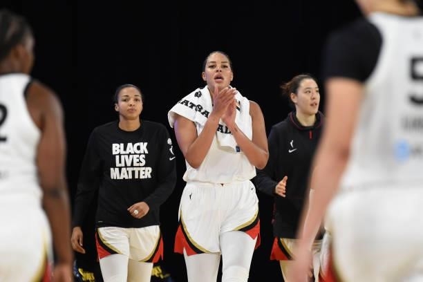 Liz Cambage of the Las Vegas Aces cheers on teammates during the game against the Los Angeles Sparks on July 2, 2021 at Los Angeles Convention Center...