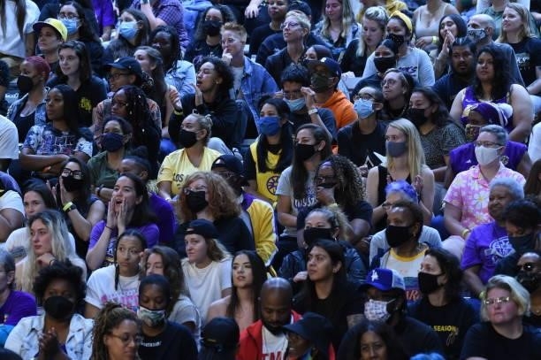 The crowd looks on during the Las Vegas Aces vs. Los Angeles Sparks game on July 2, 2021 at Los Angeles Convention Center in Los Angeles, California....