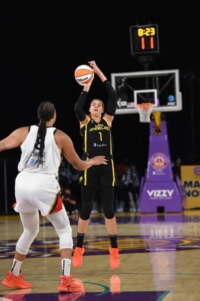 Amanda Zahui B of the Los Angeles Sparks shoots the ball against the Las Vegas Aceson July 2, 2021 at Los Angeles Convention Center in Los Angeles,...