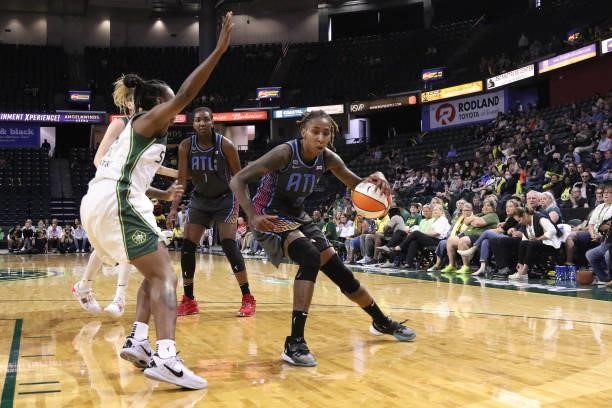 Crystal Bradford of the Atlanta Dream handles the ball against the Seattle Storm on July 2, 2021 at the Angel of the Winds Arena, in Everett,...