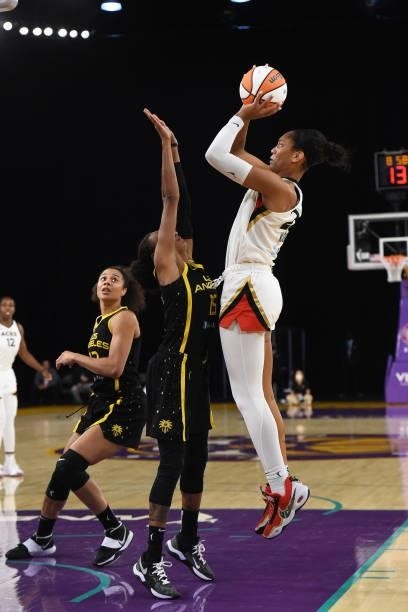 Ja Wilson of the Las Vegas Aces shoots the ball against the Los Angeles Sparks on July 2, 2021 at Los Angeles Convention Center in Los Angeles,...
