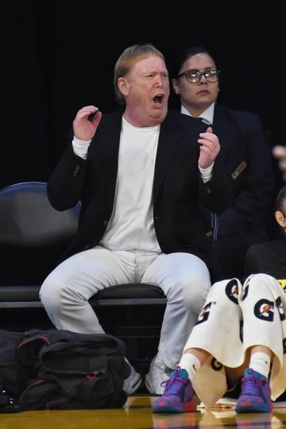 Mark Davis owner of Las Vegas Aces cheers on team during the game against the Los Angeles Sparks on July 2, 2021 at Los Angeles Convention Center in...