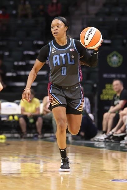 Odyssey Sims of the Atlanta Dream handles the ball against the Seattle Storm on July 2, 2021 at the Angel of the Winds Arena, in Everett, Washington....