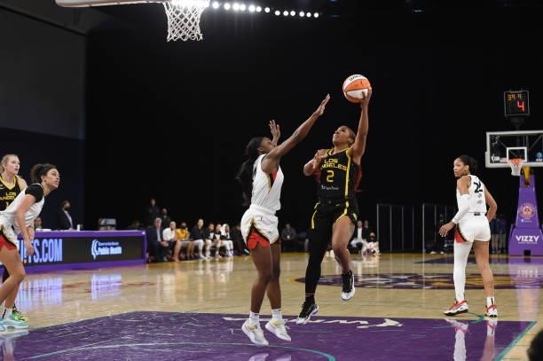 Te'a Cooper of the Los Angeles Sparks shoots the ball against the Las Vegas Aces on July 2, 2021 at Los Angeles Convention Center in Los Angeles,...