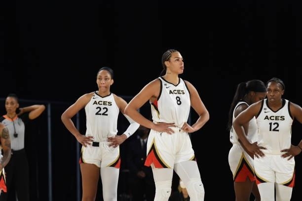 Liz Cambage of the Las Vegas Aces looks on during the game against the Los Angeles Sparks on July 2, 2021 at Los Angeles Convention Center in Los...