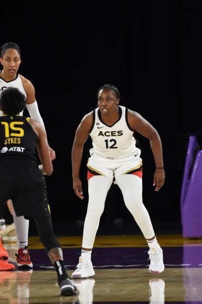 Chelsea Gray of the Las Vegas Aces plays defense against the Los Angeles Sparks on July 2, 2021 at Los Angeles Convention Center in Los Angeles,...