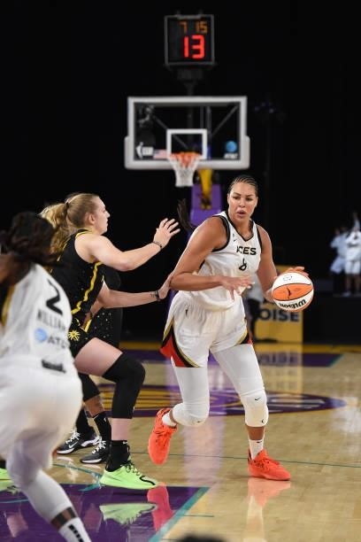 Liz Cambage of the Las Vegas Aces drives to the basket against the Los Angeles Sparks on July 2, 2021 at Los Angeles Convention Center in Los...