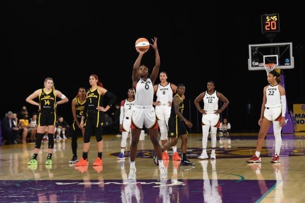 Jackie Young of the Las Vegas Aces shoots a free throw during the game /las/ on July 2, 2021 at Los Angeles Convention Center in Los Angeles,...