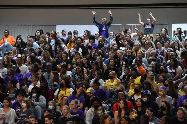 Los Angeles Sparks fans cheer on during the game against the Las Vegas Aces on July 2, 2021 at Los Angeles Convention Center in Los Angeles,...