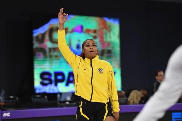 Te'a Cooper of the Los Angeles Sparks celebrates during the game against the Las Vegas Aces on July 2, 2021 at Los Angeles Convention Center in Los...